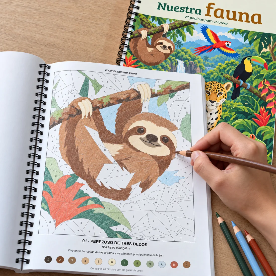 Un perezoso a medio colorear en Nuestra fauna, con una mano pintando con lápiz