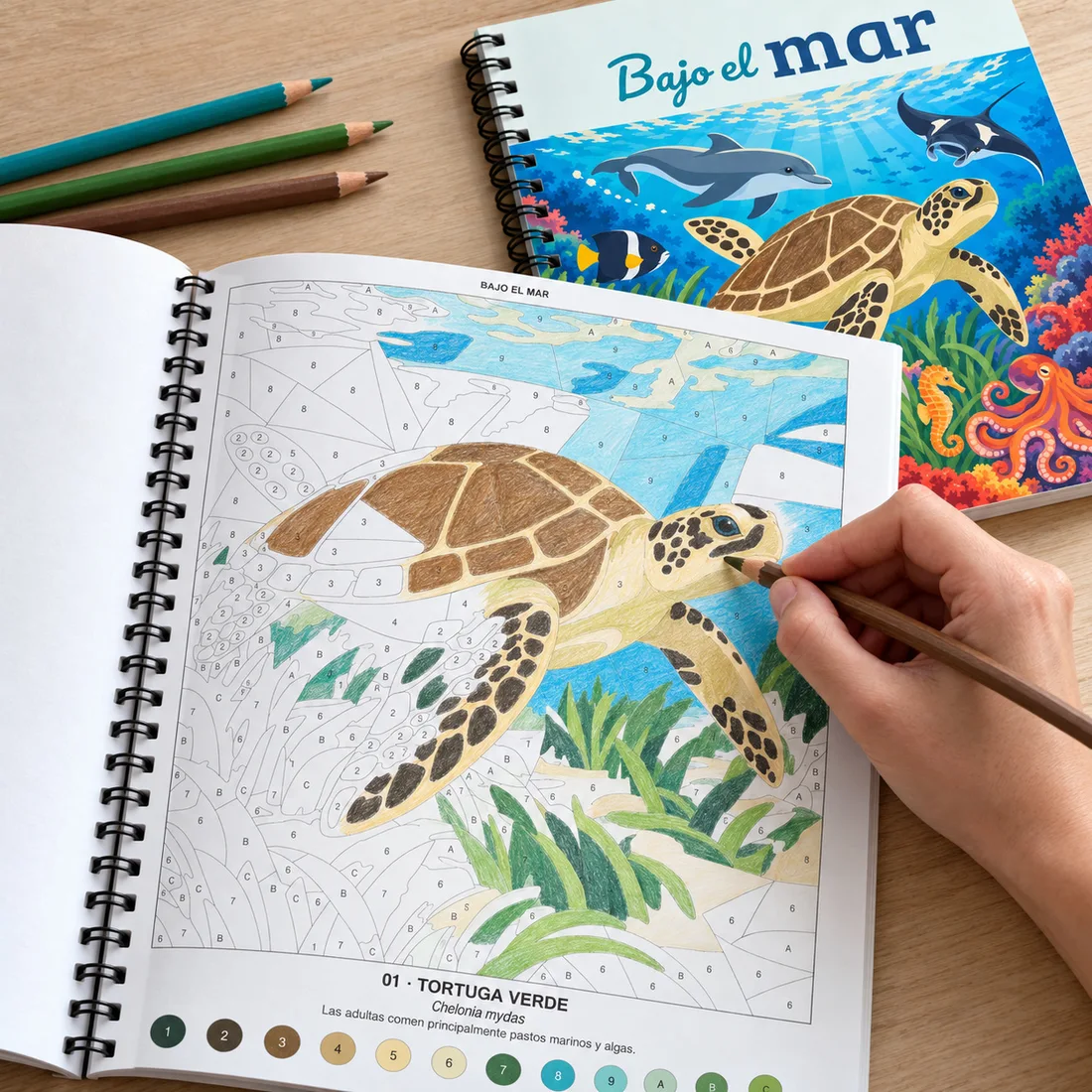 Una persona coloreando una tortuga en Bajo el mar, con el libro y sus lápices sobre la mesa