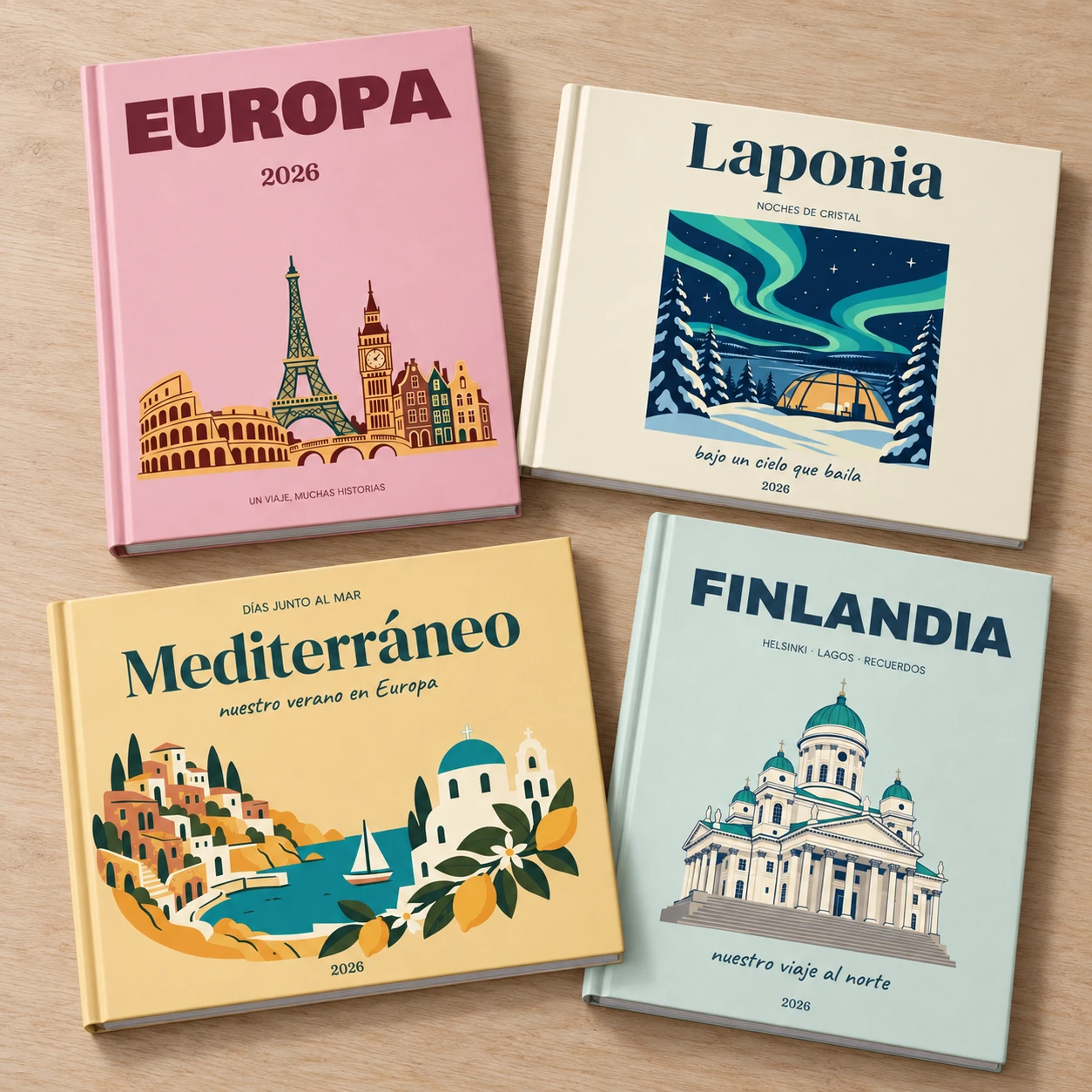 Cuatro photobooks ilustrados de tapa dura sobre una mesa: Europa y Finlandia en vertical, Laponia y Mediterráneo en horizontal